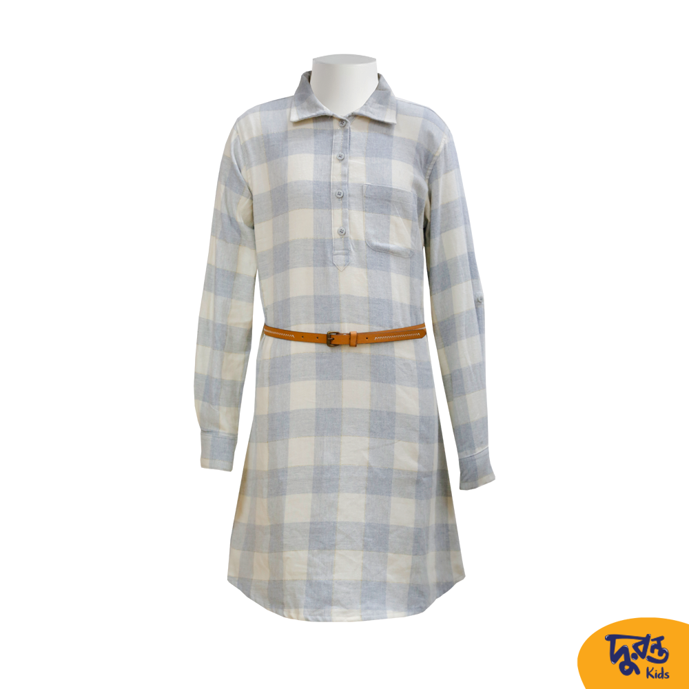 Stylish Off White Chequer Flannel Long Shirt for Older Girls